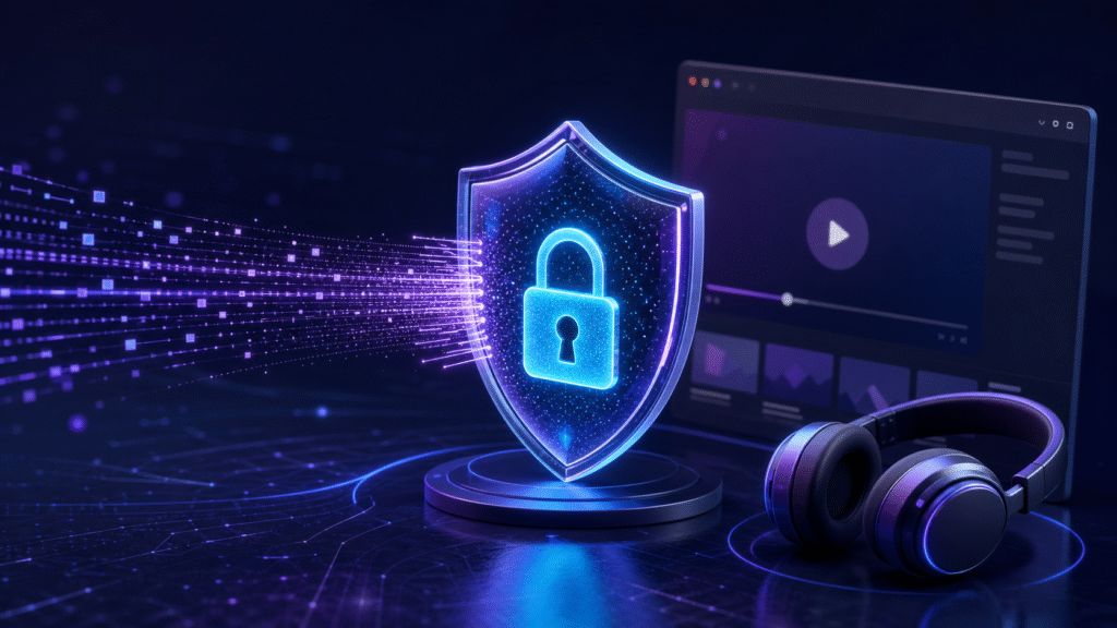 HypnoTube privacy guide with secure media shield and headphones