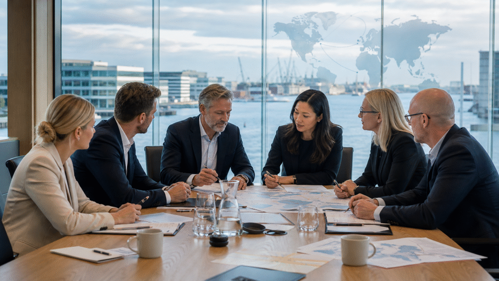International teams reviewing a cross-border commercial contract in Copenhagen